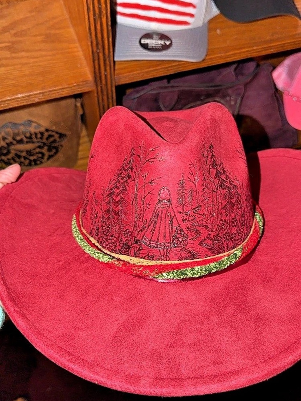Hand Burned Red Riding Hood curved Brim Cowboy Hat